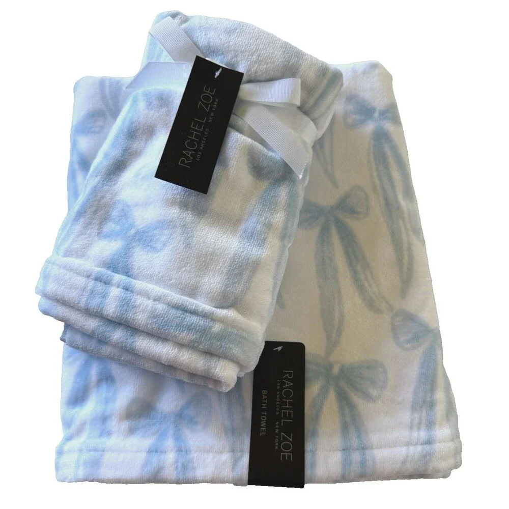 Rachel Zoe Coquette 2 Hand 2 Bath Towel Set of 4 White Blue Bow Print Cotton